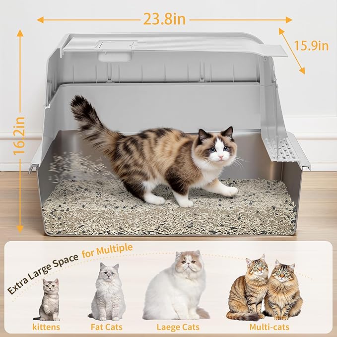 Stainless Steel Litter Box with Lid, XL Extra Large Cat Litter Box, Enclosed Metal Litter Pan with High Sided Enclosure & Scoop, Anti Leakage, Easy to Clean, Odor Control (White)-Mewly Pet