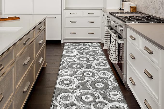 Custom Length Cut to Size Retro Modern Geometric Carpet Runner Rug for Hallways, Non Slip Rubber Backed, 31 inch Wide X Customized Length, Geo Grey, 31 inch X 25 feet