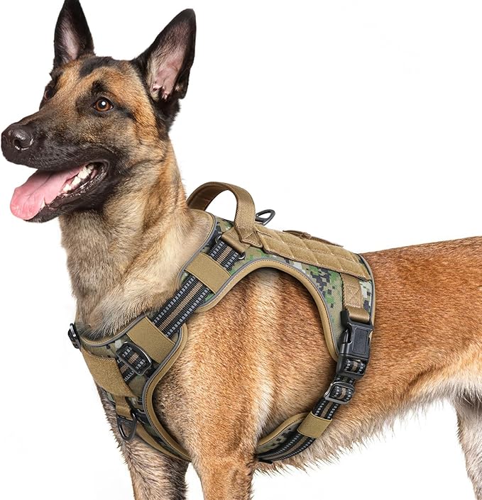 rabbitgoo Dog Harness for Large Dogs No Pull, Tactical Service Pet Vest with Molle and Control Handle, Adjustable and Reflective Military Harness for Easy Walking and Training, Brown camo, L-Mewly Pet