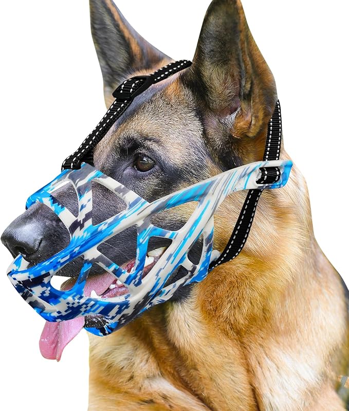 Dog Muzzle for Large Dogs, Medium and X-Large Aggressive Dog, Breathable Basket Muzzles, Suitable for Grooming Trimming Training, Allows Panting Drinking (Camouflage Blue, L)-Mewly Pet
