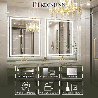 Keonjinn Lighted Bathroom Mirror, 40 x 32 Inch Bathroom LED Mirror with Lights, Frontlit Only, HD Tempered Glass, UL-Listed LED Driver, Anti-Fog, 6000K Dimmale, Easy Installation(Horizontal/Vertical)