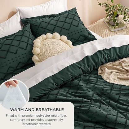 Bedsure King Comforter Set - Forest Green Comforter, Boho Tufted Shabby Chic Bedding for Kids, 3 Pieces Vintage Farmhouse Bed Set for All Seasons, Fluffy Soft Bedding with 2 Pillow Shams