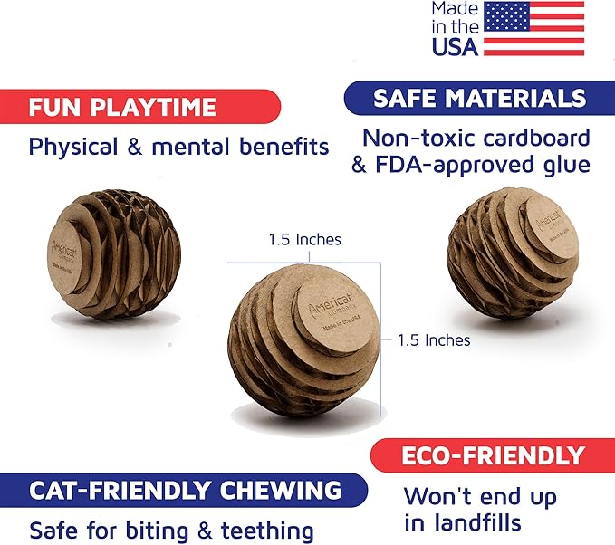 Cat Ball Toys by Americat – Made in USA – Safe Cardboard Cat Toys – for Interactive and Independent Play, Exercise & Stress Relief for All Breeds & Ages (Pack of 3 Round Balls)-Mewly Pet