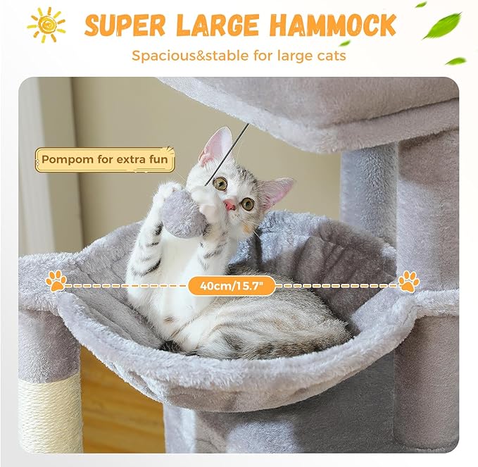 PAWZ Road Large Cat Tree, 41 Inches Multi-Level Cat Tower with 2 Spacious Condos for Indoor Cats, Large Cat House with Comfy Hammock, Padded Perch, Scratching Pad and Replaceable Balls-Gray-Mewly Pet