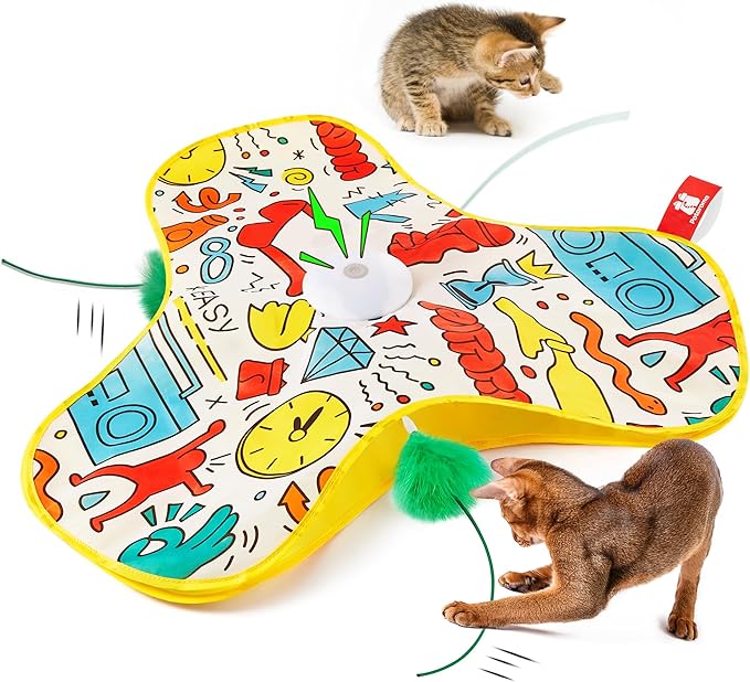 Potaroma Interactive Cat Feather Toys, Hide and Seek Concealed Moving Feather Wand, Rechargeable Touch Activated Indoor Kitten Exercise Kicker, Mouse Squeaky, Graffiti Cover-Mewly Pet