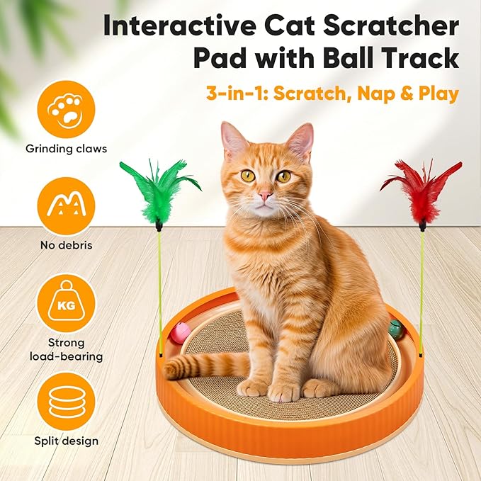 20-Inch Round Cat Scratcher with Ball Track – 3-in-1 Cardboard Cat Scratching Pad with Feather Toys, Non-Slip Base – Interactive Cat Toy for Indoor Cats, Kitten Scratch Play Lounge Board (Orange)-Mewly Pet