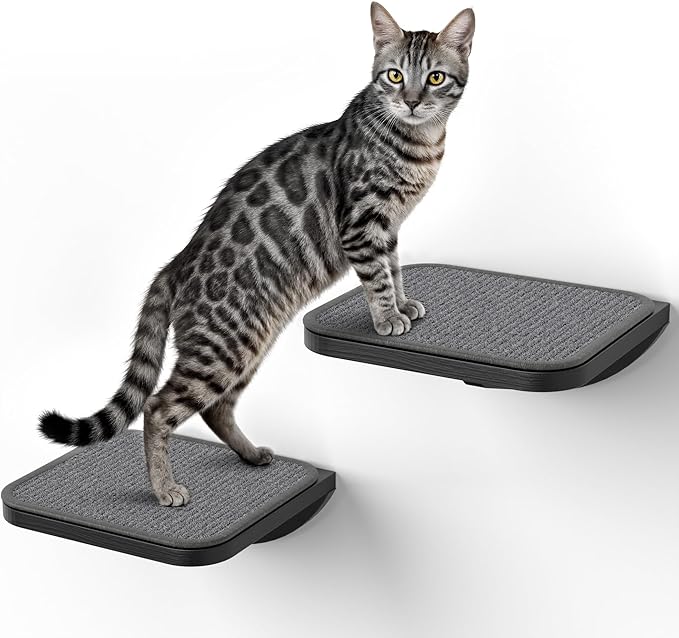 Grey Sisal-Padded Cat Wall Steps (2-Pack), Floating Wooden Cat Perch and Climbing Step Set, Wall Mounted Furniture for Jumping & Play-Mewly Pet