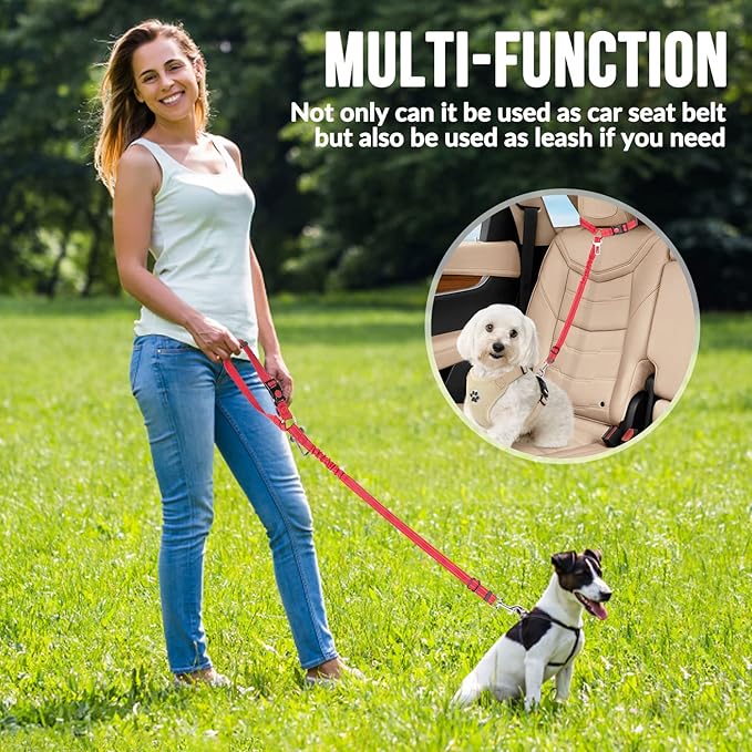 SlowTon Dog Seat Belt for Car, 2 Pack Dog Car Harness Seatbelt Adjustable with Elastic Bungee Buffer, 2 in 1 Pet Car Leash Headrest Restraint Dog Reflective Safety Tether (S, Red, Headrest+Clip)-Mewly Pet