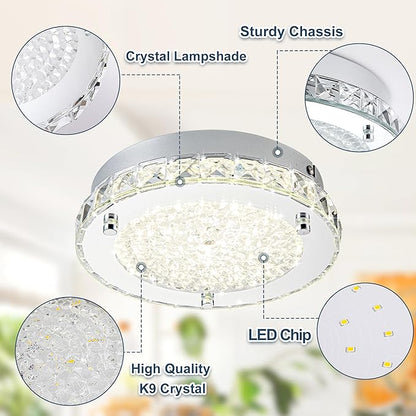Modern Crystal Flush Mount LED Ceiling Light - 8.3" Foyer & Bedroom Light Fixture for Bathroom, Hallway, Closet