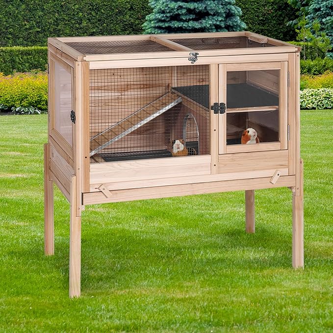 GUTINNEEN Indoor Guinea Pig Cages - Wooden Rabbit Cage Bunny Hutch with Chew-Proof Ramp, Pull-Out Tray, Leakproof PVC Layer & Detachable Legs for Rabbits, Guinea Pigs (Natural Wood)-Mewly Pet