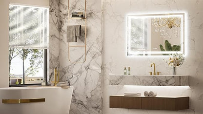 Keonjinn LED Bathroom Mirror 48” x 30” with Frontlit and Backlight, Stepless 3 Colors Temperature & Dimmable Wall Mirror, Tempered Glass, UL Listed LED Driver, Double Lights, Anti-fog Frameless Mirror