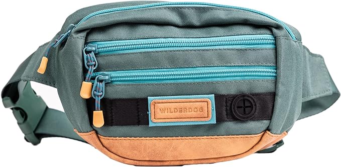 Wilderdog Utility Fanny Pack stores Treats, Balls, Keys in 3 Pockets with adjustable strap and Poop Bag dispenser (Evergreen)-Mewly Pet