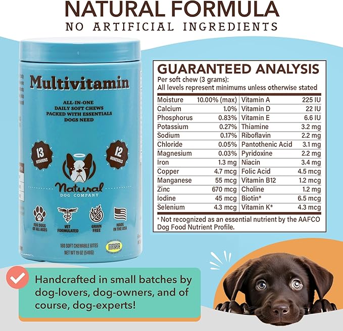Natural Dog Company 25 in 1 Multivitamin Chews (180 Pcs) Dog Vitamins & Supplements, Peanut Butter & Bacon Flavor, Dogs, Supports Immune System, Antioxidant, Vitaminas para Perros, Multi Dog Families-Mewly Pet