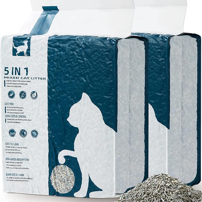 Vealind Cat Litter Fast Clumping Tofu Cats Litter, Flushable Ultra Absorbent 5 in 1 Dust-Free Flushable Odor Free Activiated Carbon Litter Pellets Unscented (2 PACK-16 Pounds)-Mewly Pet