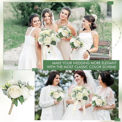 Bridesmaid Bouquets - Set of 4 Ivory White Artificial Flowers Bouquet Wedding Rustic Small Floral Centerpieces for Marriage Proposal Party Anniversary Dining Table Decorations