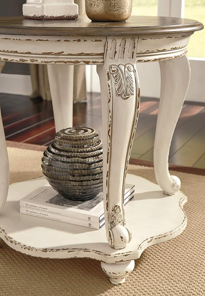 Signature Design by Ashley Realyn French Country Round End Table Two-Tone Accent Table – Chipped White