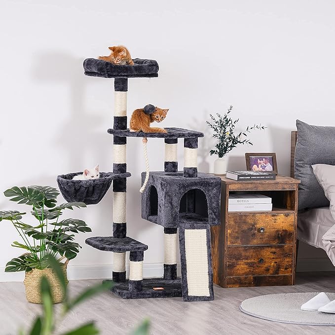 Heybly Cat Tree, Cat Tower for Indoor Cats with Scratching Board, Multi-Level Cat Furniture Condo with Feeding Bowl, Smoky Gray HCT010G-Mewly Pet
