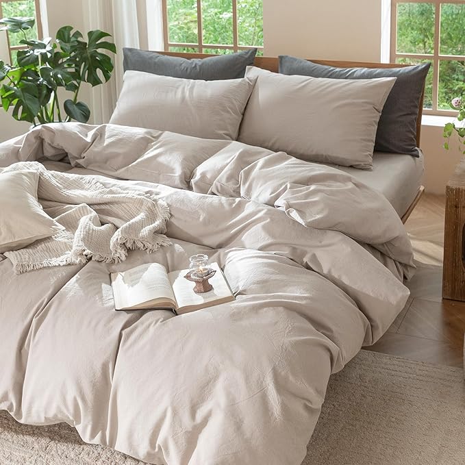 MooMee Bedding Duvet Cover Set 100% Washed Cotton Linen Like Textured Breathable Durable Soft Comfy (Solid Light Tan, Super King 108"x98")