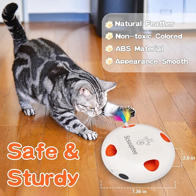 Interactive Cat Toy, Electric Cat Toys for Moving Concealed Feathers, Smart Sensor 7 Holes Whack a Mole Feather Toy, USB Charge Automatic Kitten Toys,White-Mewly Pet