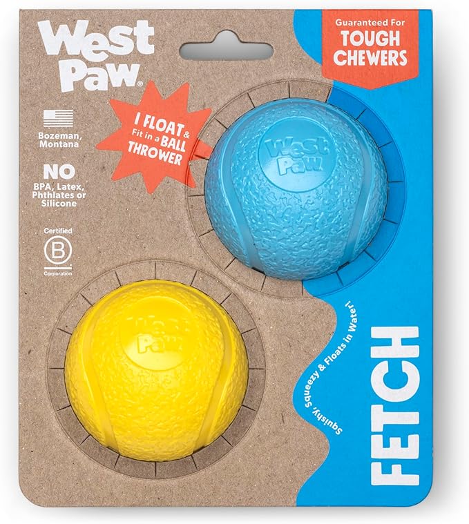 WEST PAW Boundr Ball Dog Fetch Toy – Bouncing Toys for Dogs, Fetch, Catch, Chewing, Play – Floatable, Recyclable Balls – Small Aqua Blue/Dandelion Yellow 2-Pack-Mewly Pet