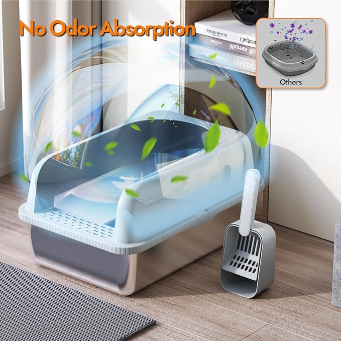 Stainless Steel Cat Litter Box with Lid, 20" L x 14.2" W x11.8 H, Large Cat Litter Box for Multiple Cats with High Sided, No-Leak & Stick, Easy to Clean, Includes Litter Mat & Multi Functional Scoop-Mewly Pet