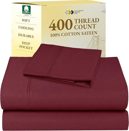 California Design Den Twin XL Sheet Sets - 400 Thread Count Sateen, 100% Cotton Sheets Set, Deep Pockets, Cooling and Durable Bedding for Dorm Rooms & Adults - Burgundy Red