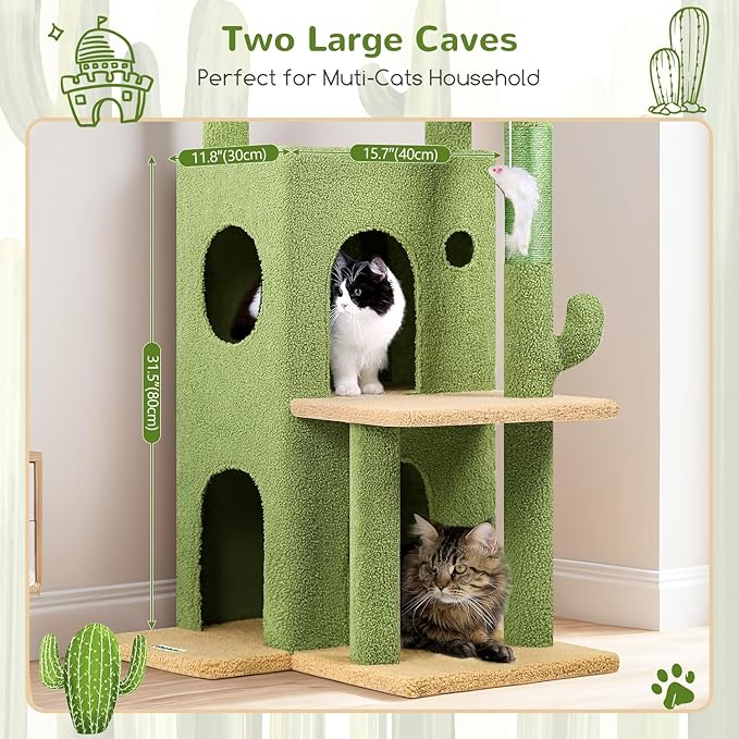 Globlazer Cactus Cat Tree Tower for Indoor Cats, 50-inch Adult Cat Tree House for Large Adult Cats with Steps, Scratching Post, 2 Cat Caves, Dangling Toys, FC50, Green-Mewly Pet