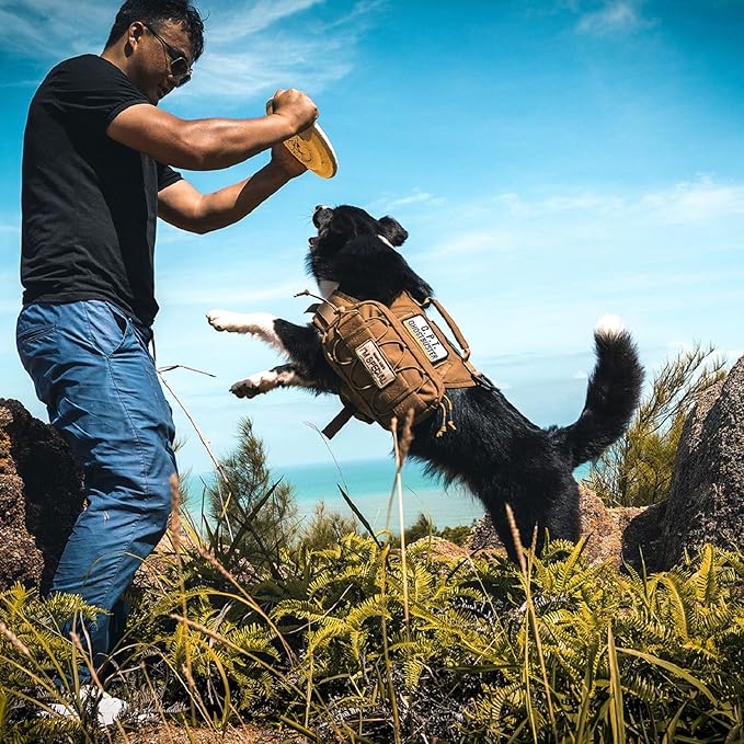 OneTigris Dog Backpack for Medium & Large Dogs, Nylon Backpack for Dogs Tactical Pet Backpack with Side Pockets for Hiking Walking Training Running (Brown, Medium)-Mewly Pet