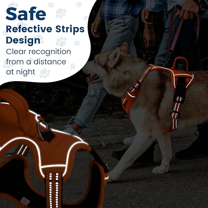 Funfox Dog Harness No Pull, Adjustable Pet Vest Harness, Super Soft Material with Vertical Handle Easy Control, Reflective Night Walking, 2 Leash Clips for Medium Sized Dogs, Orange, M-Mewly Pet