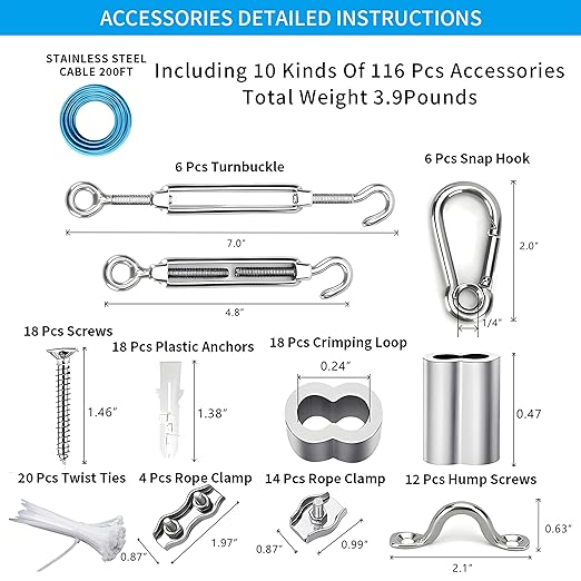 Globe String Light Suspension Kit, Outdoor Light Guide Wire, Vinyl Coated Stainless Steel Steel Cable，Include 200ft Transparent PVC and 304 Stainless Steel Wire Cable, Turnbuckle and Hooks