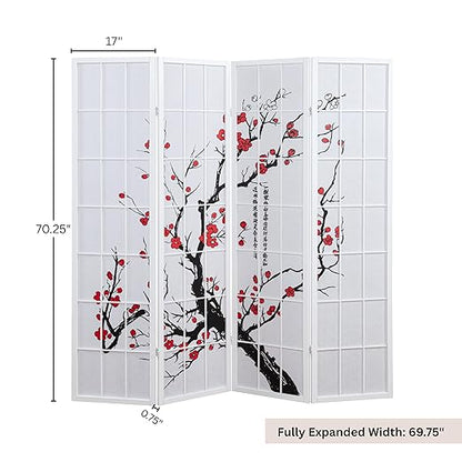 Roundhill Furniture White Japanese 4-Panel Screen Room Divider, Plum Blossom