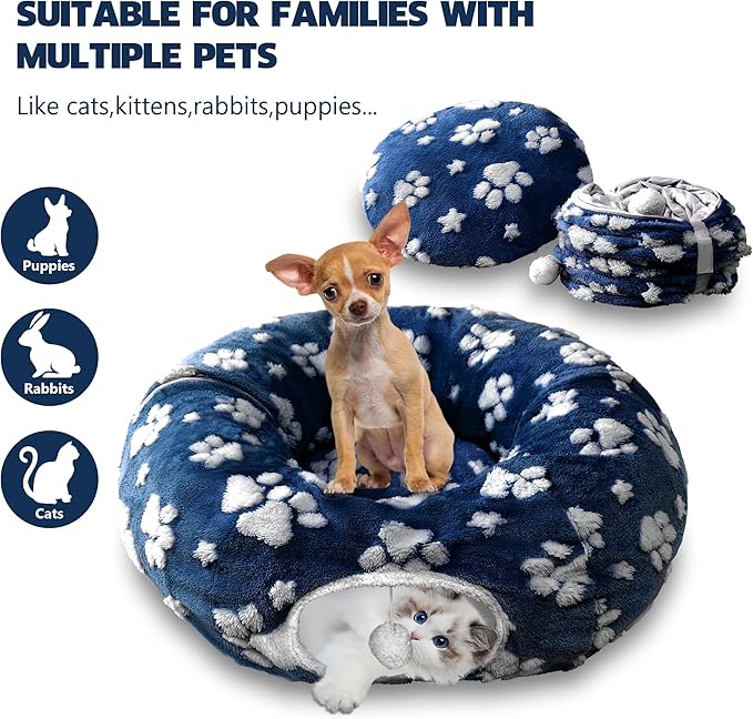 Cat Tunnel for Indoor Cats, Cute Peekaboo Cat Cave with Dangling Balls, Pet Donut Tunnel Bed with Circle Mat for Puppy Kitten Rabbit, Blue Paw-Mewly Pet
