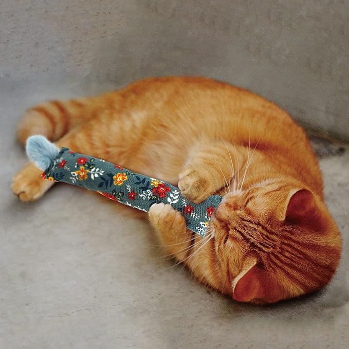 2 Pack Natural Interactive Catnip & Silvervine Cat Kicker with Feathers, Bite Resistant Chew Toy, Crinkle Kicker, Accessories for Indoor Cat, Premium Corduroy Floral-Mewly Pet
