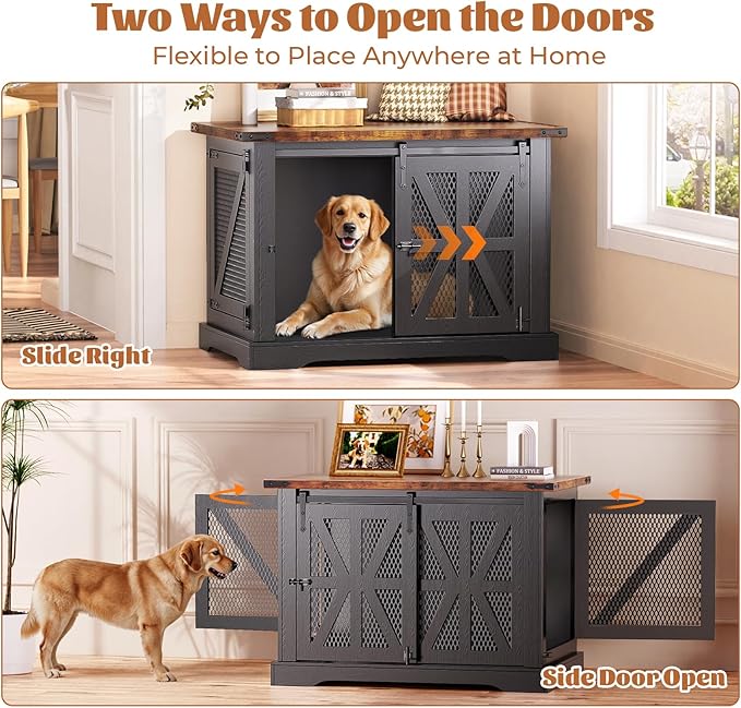 VOPEAK 43.3" XL Dog Crate Furniture, Chew Resistant Dog Crate for Medium Large Dogs, Heavy Duty Extra Large Dog Crate Dog Kennel Indoor with Double Doors, Wooden End Table for Living Room, Black-Mewly Pet