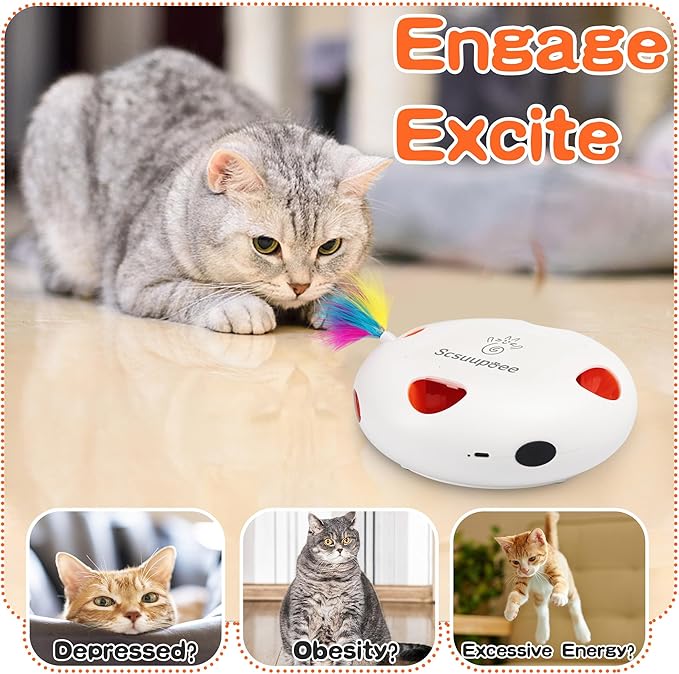 Interactive Cat Toy, Electric Cat Toys for Moving Concealed Feathers, Smart Sensor 7 Holes Whack a Mole Feather Toy, USB Charge Automatic Kitten Toys,White-Mewly Pet