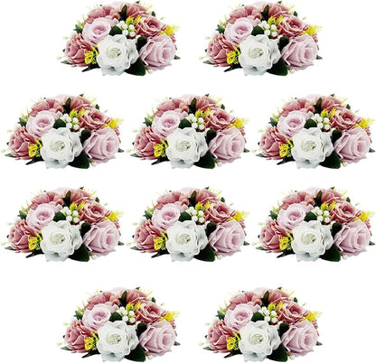 10Pcs Artificial Flower Balls for Centerpieces, Large Round Rose Balls for Parties Valentine's Day Wedding Centerpieces and Home Office Decor (Dusty Pink & White)