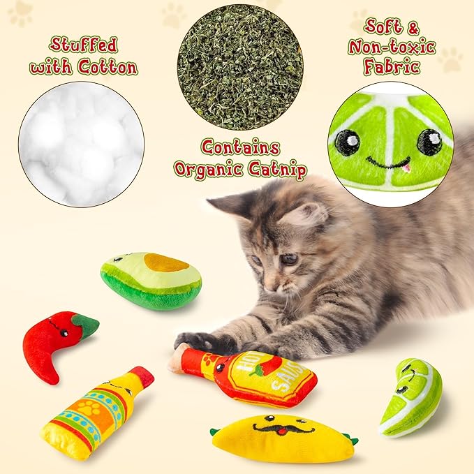 L1rabe Mexican Catnip Stuffed Toys - Hispanic Heritage Month 6Pcs Funny Cat Toys for Cat Lovers Gifts, Carnival Sause Avocado Indoor Kitten Chew Bite Kick Interactive Pet Supplies Kitten Birthday Gift-Mewly Pet