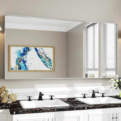 Suidia Bathroom Mirror, 60" x 30" Wall Mirror Metal Framed, Bathroom Vanity Mirror for Living Room Bedroom Bathroom Entryway, Silver, Rect Corner Style