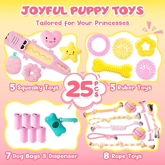 KIPRITII 25-Pack Pink Dreamy Dog Toy Set for Small Female Puppies - Includes Sweet Rope Toys, Chew Toys, Cute No-Stuffing Squeaky Dog Toy for Boredom and Teething-Mewly Pet