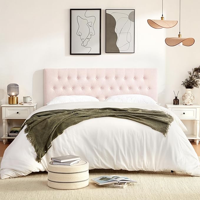 Tufted Upholstered Headboard Queen Size, Solid Wood Head Board with Durable Metal Legs, Adjustable Height Bed headboard from 37” to 51” Fabric Headboard in Modern Button Design, Pink