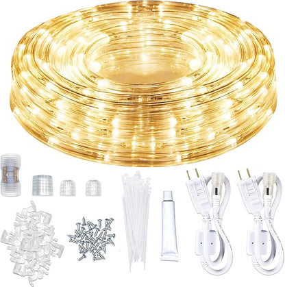 SURNIE LED Rope Lights Outdoor Warm White, Waterproof 50FT Cuttable 3000K Lighting Indoor 110V Connectable Flexible Electric Lights for Christmas Trees Bedroom Outside Patio Decor, Not Flat Strip