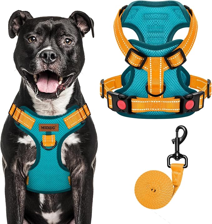MIDOG No-Pull Dog Harness | Adjustable & Reflective Pet Harness Leash Set for Small Medium Large Dogs Walking, Training| No Choke, Front Clip, Soft Padded Vest with Easy Control Handle - Blue, L-Mewly Pet