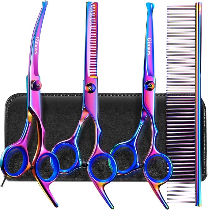 Gimars Dog Grooming Scissors Kit Professional 4CR with Safety Round Tip, 5 in 1 Heavy Duty Titanium Coated Thinning & Curved & Straight Shears-Mewly Pet