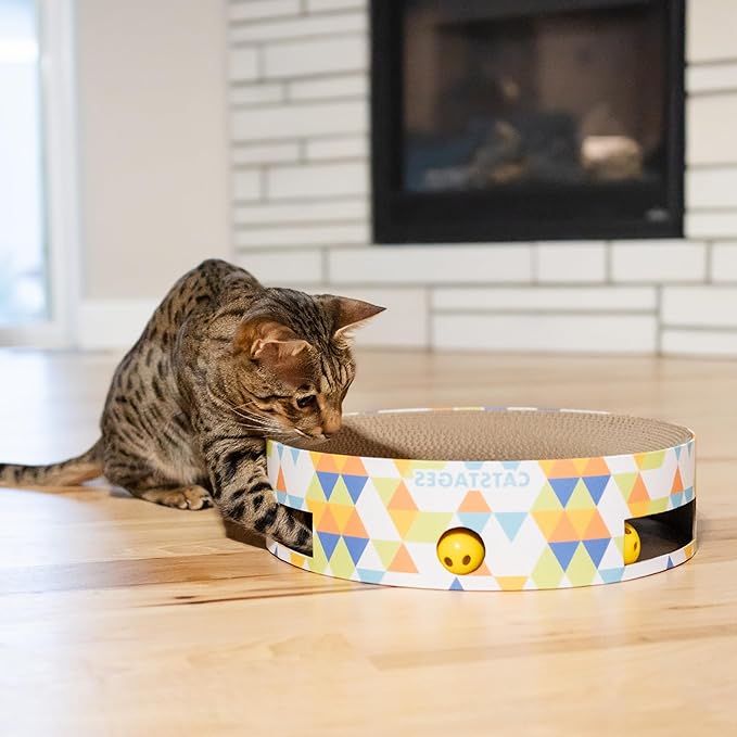 Catstages Bowl Track Scratcher Cat Ball-Track Toy, Corrugated Scratch, and Lounger All-in-One, Two Balls Included for Interactive Play, Multicolored-Mewly Pet