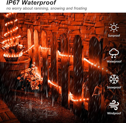 JMEXSUSS 2 Pack Orange Rope Lights Battery Operated Halloween Lights Outdoor Waterproof, Each 33 ft 100 LED Battery String Lights with Remote, Orange Light for Balcony Garden Halloween Decor