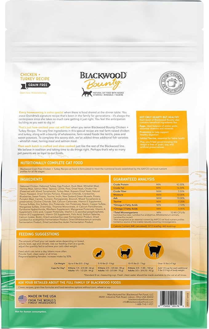 Blackwood Bounty Dry Cat Food, Chicken & Turkey Recipe for All Life Stages, 2 Pound Bag, High Protein, Grain Free-Mewly Pet
