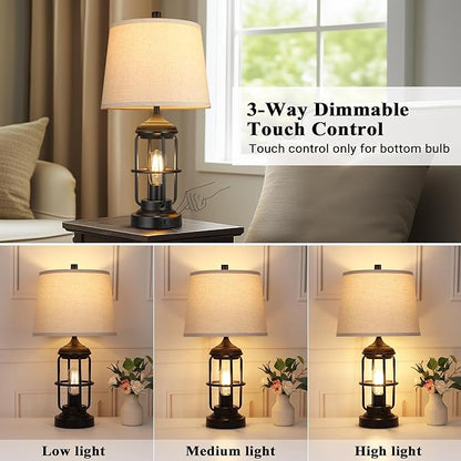 QiMH Table Lamp for Bedroom with USB A+C Ports, Farmhouse Bedside Lamp with Night Light, 3-Way Dimmable Touch Control, Rustic Industrial Nightstand Lamp for Living Room,Bulbs Included,Black, 1 Pack