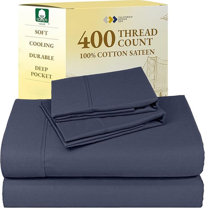California Design Den King Bed Sheets Set - Soft 400 Thread Count Sateen, Natural 100% Cotton Sheets, Deep Pockets with All-Around Elastic, Cool & Durable Bedding Set - Indigo Dusty Blue