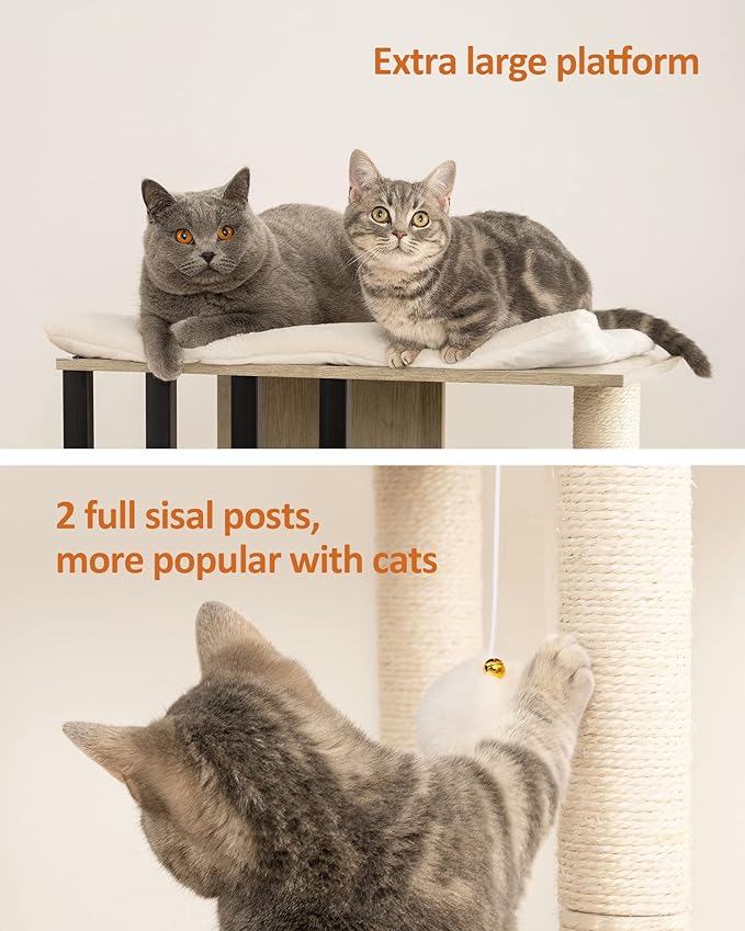 FourFurPets 43.8in 3-Tier Modern Cat Tree Tower Condo, Cat Scratch Posts for Indoor Cats, Big Plate, Two 19.7in Full Sisal Scratching Posts, Greige-Mewly Pet