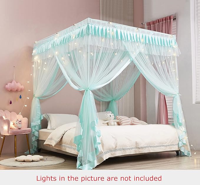 Mengersi 4 Corners Canopy Bed Curtains for Girls Kids Adults - Bed Drapes - 4 Opening Mosquito Net - Cute Princess Bedroom Decoration (Queen, Sky Blue)